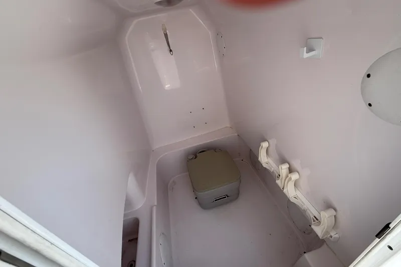 Slide: The Image of 2016 Pro-Line 35 Super Sport boat interior with compact toilet and storage hooks. - 20