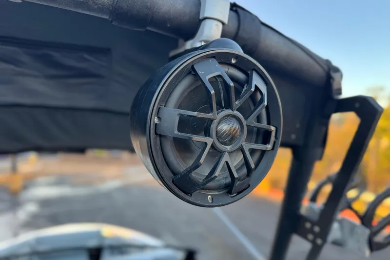 Slide: The Image of Close-up of a 2023 Axis T220 boat speaker mounted on a wakeboard tower. - 12