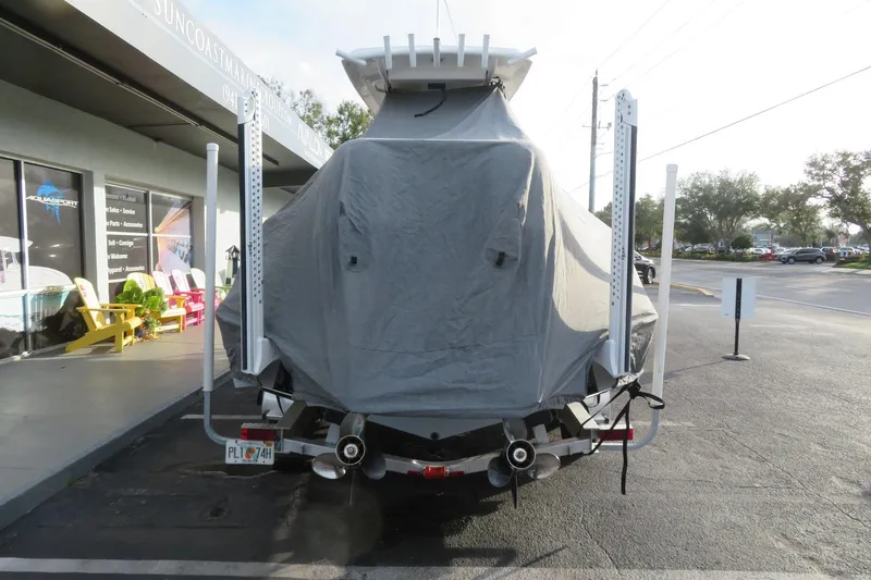 Slide: The Image of Covered 2022 Sea Fox 268 Commander boat on trailer at marina parking lot. - 79