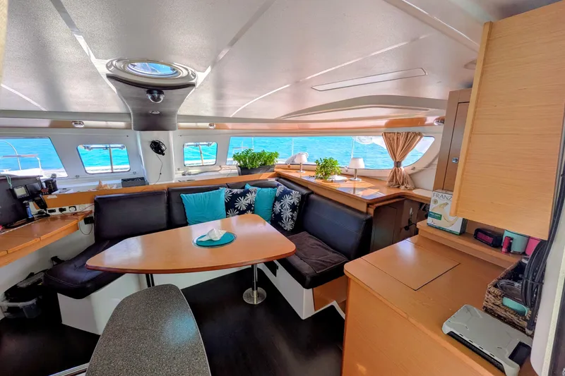 Slide: The Image of Luxurious interior of 2012 Fountaine Pajot Lipari Owners Version catamaran with modern seating and decor. - 18