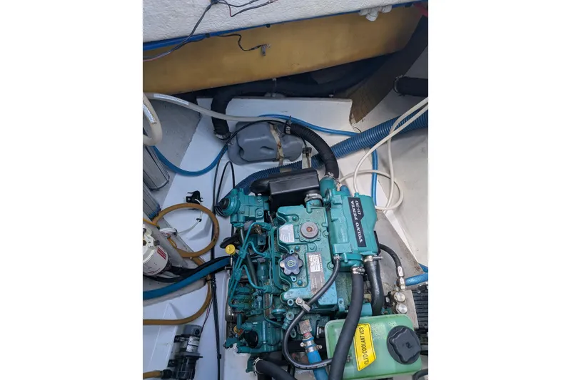 Slide: The Image of Engine compartment of 2012 Fountaine Pajot Lipari catamaran, featuring Volvo Penta engine. - 48