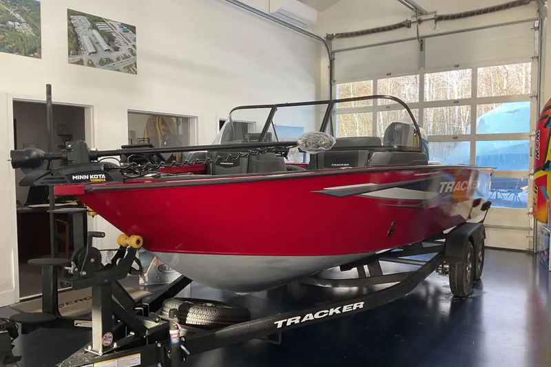 Slide: The Image of 2026 Tracker Targa V-19 Combo boat, top view, showcasing seating and layout. - 3