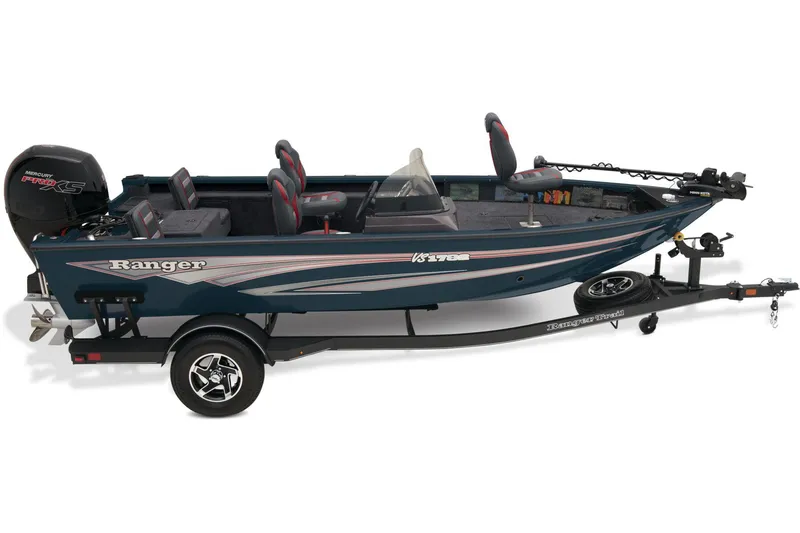 Slide: The Image of 2026 Ranger VS1782SC Reata boat interior storage compartment, open lid, red and gray design. - 11