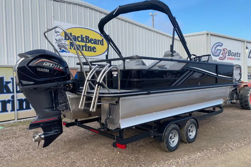 Slide: The Image of 2026 SunCatcher Fusion 322SS pontoon boat with Yamaha engine at BlackBeard Marine dealership. - 6
