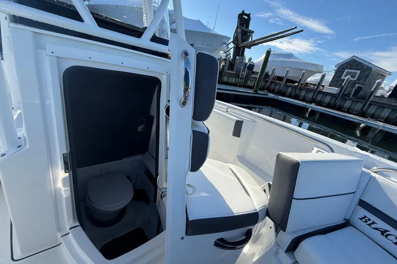 Slide: The Image of 2022 Blackfin 252 CC boat interior with open door to compact restroom. - 32