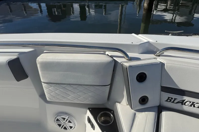 Slide: The Image of 2022 Blackfin 252 CC boat interior with cushioned seating and speaker detail. - 44