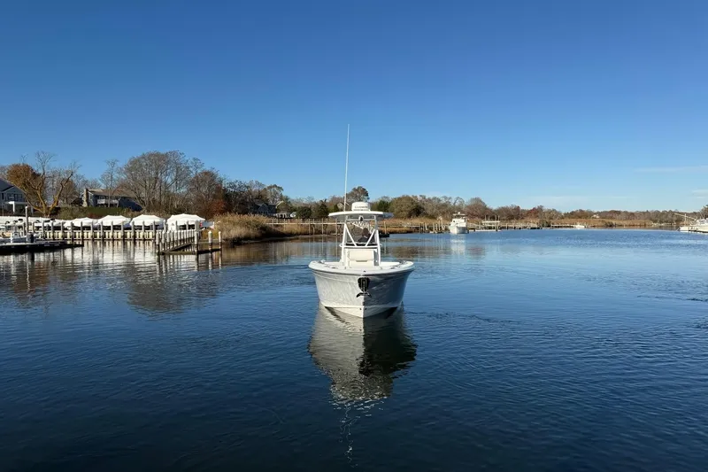 Slide: The Image of 2022 Blackfin 252 CC boat on calm water under clear blue sky. - 45