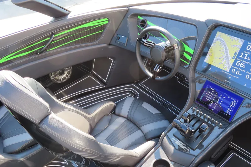 Slide: The Image of Luxurious 2023 MTI 390X boat interior with advanced navigation system and sleek design. - 28