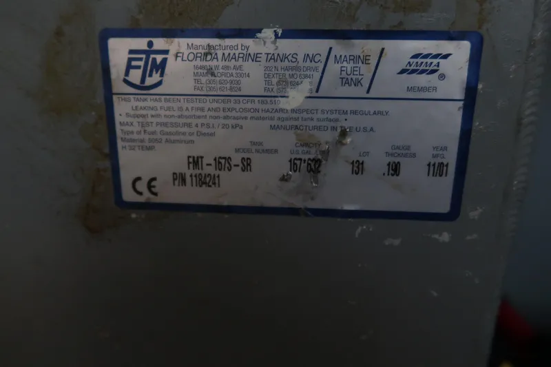 Slide: The Image of Label on marine fuel tank by Florida Marine Tanks, Inc., for Sea Ray 410 Sundancer, 2002. - 42