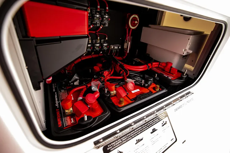 Slide: The Image of Electrical system of 2026 Yellowfin 36 Offshore boat, featuring batteries and wiring. - 148