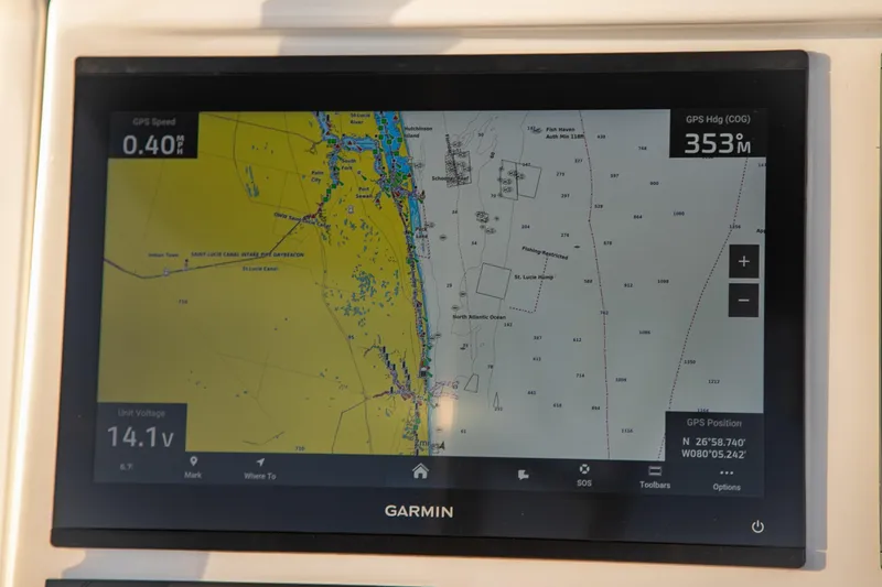 Slide: The Image of Garmin GPS display on 2026 Yellowfin 36 Offshore boat, showing navigation map. - 50