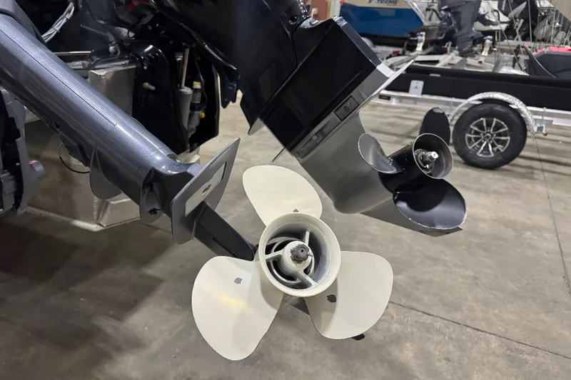 Slide: The Image of Close-up of 2008 North River 21 SEAHAWK boat propellers in a garage setting. - 7