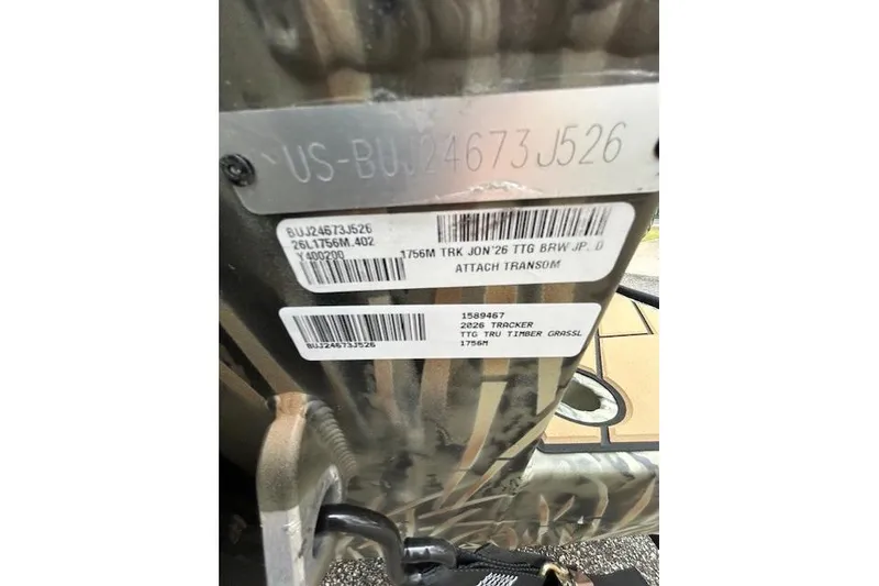 Slide: The Image of 2026 Tracker Grizzly 1756 T Marsh boat identification plate with serial numbers. - 9