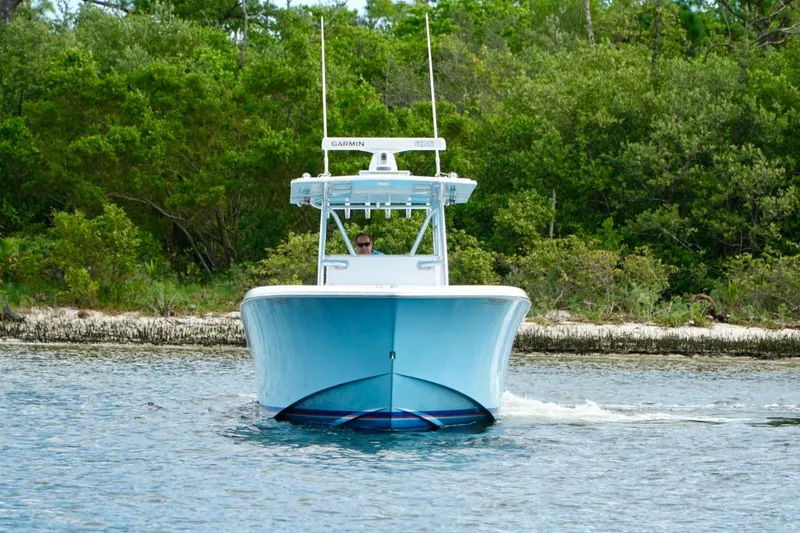 Slide: The Image of Invincible boat cruising on water near lush green shoreline. - 4