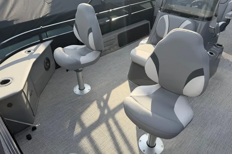 Slide: The Image of 2026 Avalon VENTURE CC boat interior with modern seating and sleek design. - 4