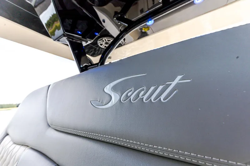 Slide: The Image of 2024 Scout 377 LXF boat interior with logo detail. - 44