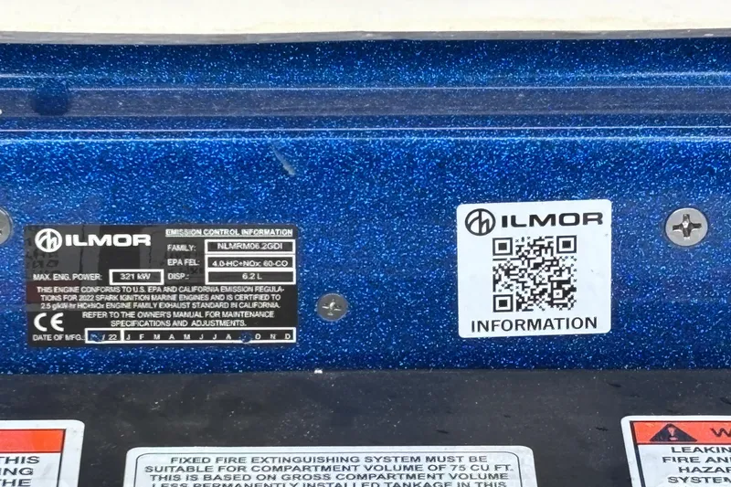 Slide: The Image of QR code and engine information on 2022 MasterCraft X26 boat, Ilmor engine details visible. - 45