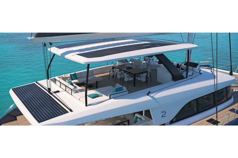Slide: The Image of Manufacturer Provided Image: Luxurious 2026 Lagoon Eighty 2 yacht with solar panels and elegant outdoor seating. - 2