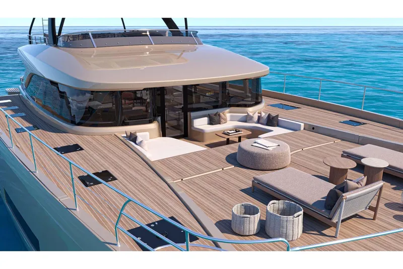 Slide: The Image of Manufacturer Provided Image: Luxurious Lagoon EIGHTY 3 yacht deck, 2026 model, featuring elegant outdoor seating and ocean view. - 3