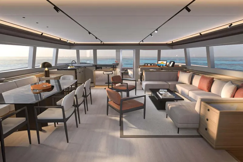 Slide: The Image of Manufacturer Provided Image: Luxurious interior of 2026 Lagoon EIGHTY 3 yacht with modern furnishings and ocean view. - 5