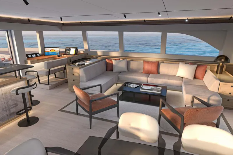 Slide: The Image of Manufacturer Provided Image: Luxurious interior of 2026 Lagoon EIGHTY 3 yacht with modern seating and ocean view. - 6