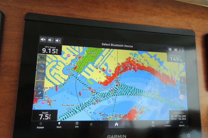 Slide: The Image of Garmin navigation display on 2020 Back Cove 34O boat, showing GPS speed and depth. - 57