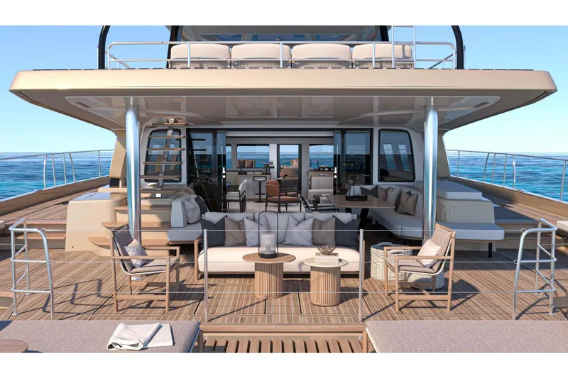 Slide: The Image of Manufacturer Provided Image: Luxurious Lagoon EIGHTY 3 yacht interior, 2026 model, featuring elegant outdoor seating and ocean view. - 4