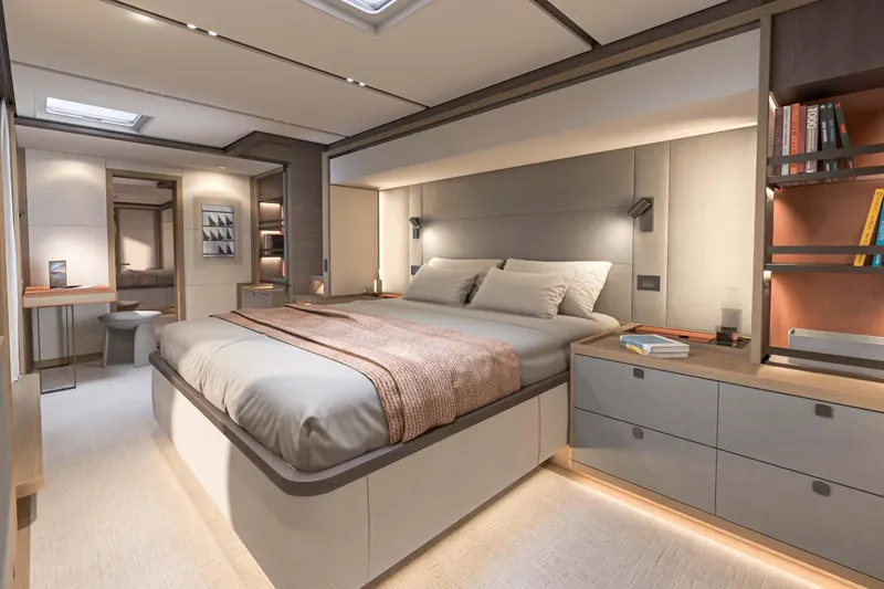 Slide: The Image of Manufacturer Provided Image: Luxurious bedroom interior of 2026 Lagoon EIGHTY 3 yacht with modern design and ambient lighting. - 7