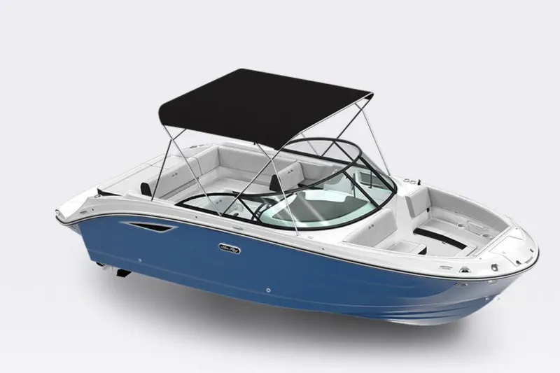 Slide: The Image of 2026 Sea Ray SDX 230 boat, blue hull, side view, with canopy and sleek design. - 2