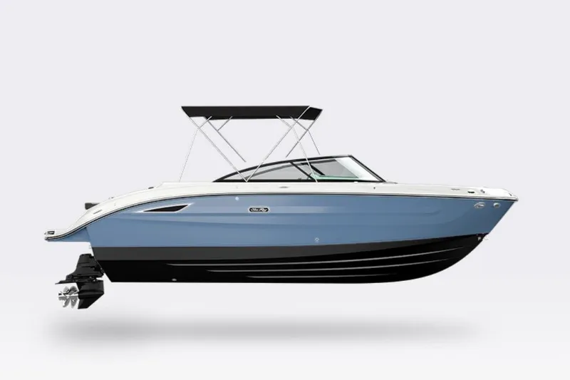 The Image of 2026 Sea Ray SDX 250 boat with blue hull and black canopy. - 0