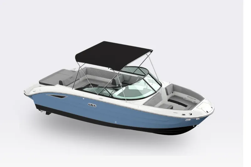 Slide: The Image of 2026 Sea Ray SDX 250 boat, blue and white design, side view with canopy. - 2
