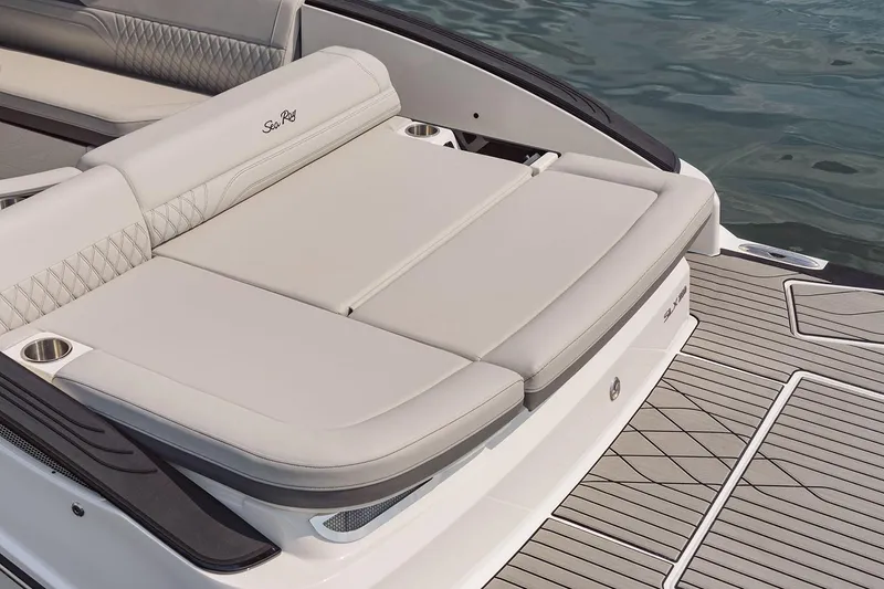Slide: The Image of 2026 Sea Ray SLX 280 boat interior with luxurious seating and modern design. - 13