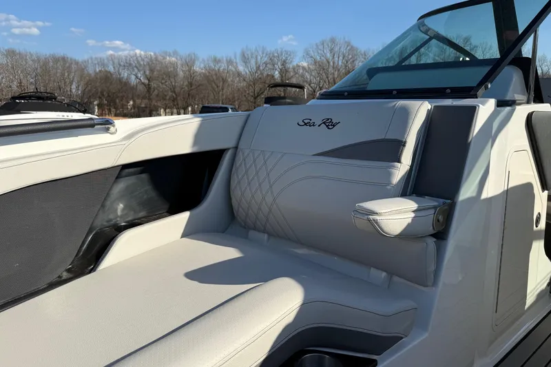 Slide: The Image of 2026 Sea Ray SLX 280 boat interior with luxurious seating and sleek design. - 18