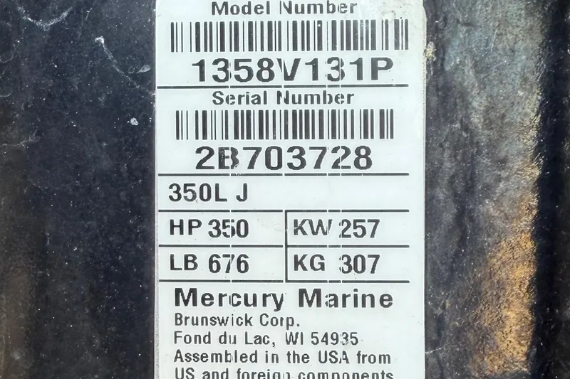 Slide: The Image of Label on 2021 Scout 355 LXF boat engine, showing model and serial numbers. - 82