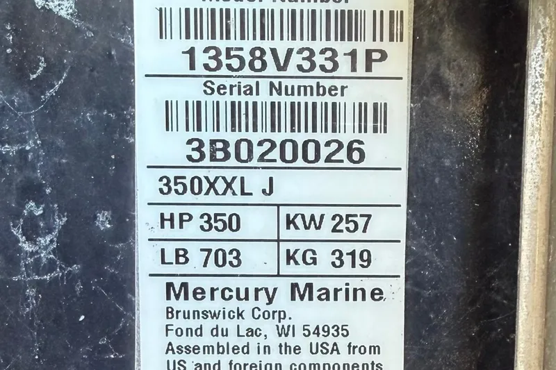 Slide: The Image of Label on 2021 Scout 355 LXF boat engine, Mercury Marine, 350 HP, 257 KW. - 83
