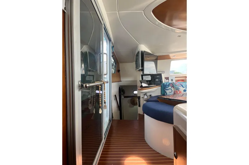 Slide: The Image of Interior of 2000 Fountaine Pajot Belize 43 catamaran with modern design and nautical decor. - 36