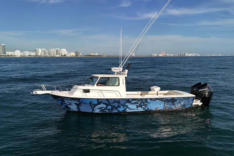 The Image of 2001 Parker 2520 Deep Vee Sport Cabin boat on ocean, city skyline in background. - 0