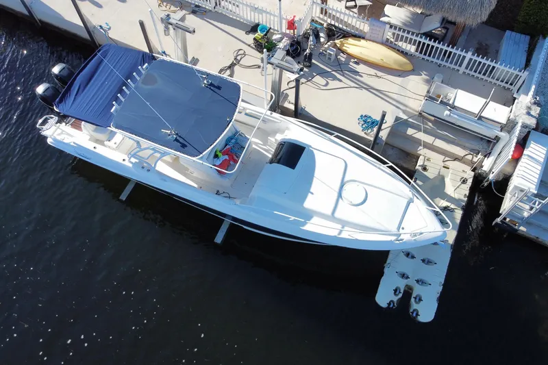 Slide: The Image of Aerial view of 2004 Deep Impact 36 DI boat docked at marina. - 41