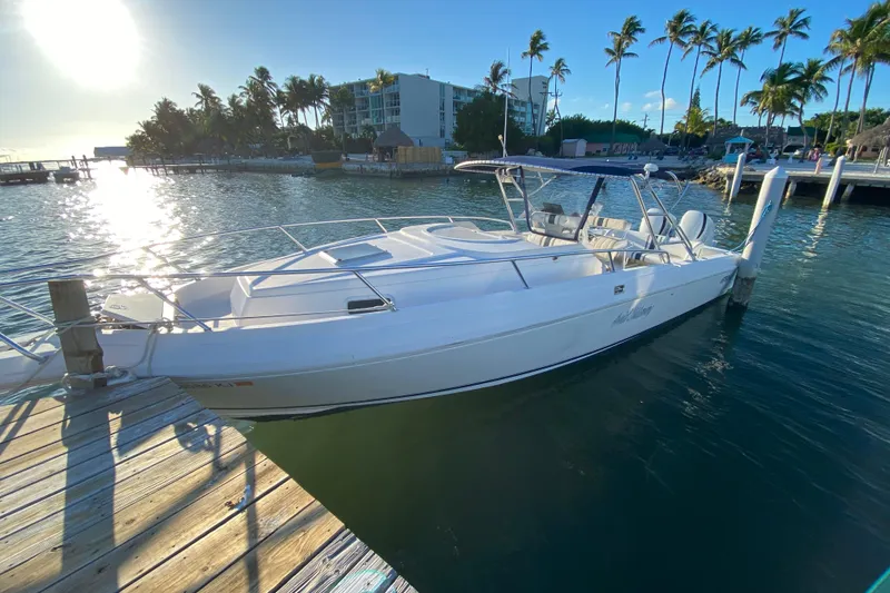Slide: The Image of 1998 Intrepid 339 boat docked by palm trees under clear blue sky. - 10