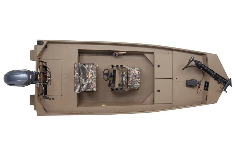 Slide: The Image of 2026 G3 Gator Tough 18 CCT boat seat storage compartment with camouflage design. - 5