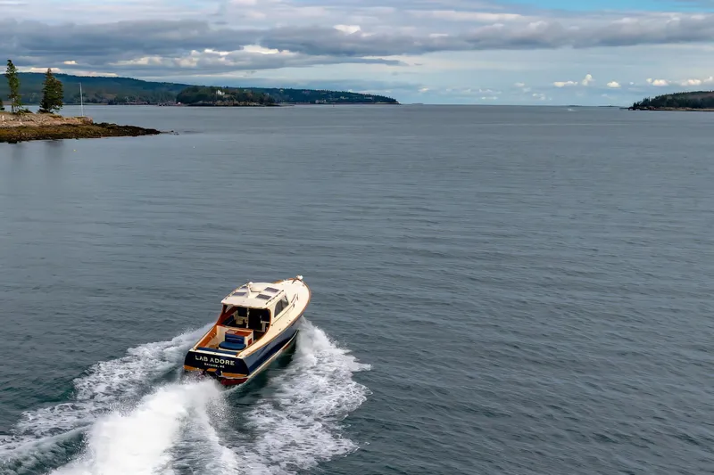 Slide: The Image of 2003 Hinckley Picnic Boat EP cruising on a scenic coastal waterway. - 46