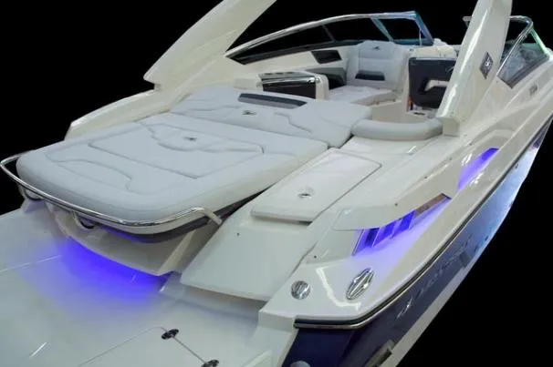 Slide: The Image of 2015 Monterey 328SS Super Sport boat on trailer at marina. - 3