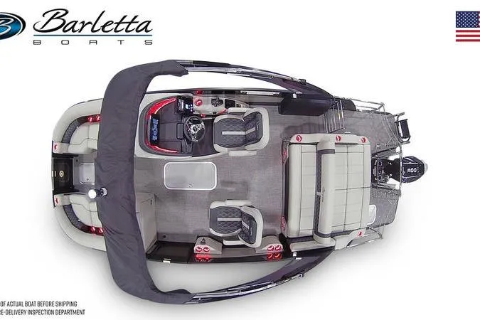 Slide: The Image of 2026 Barletta Lusso 23UCA pontoon boat, top view, showcasing spacious seating and modern design. - 1