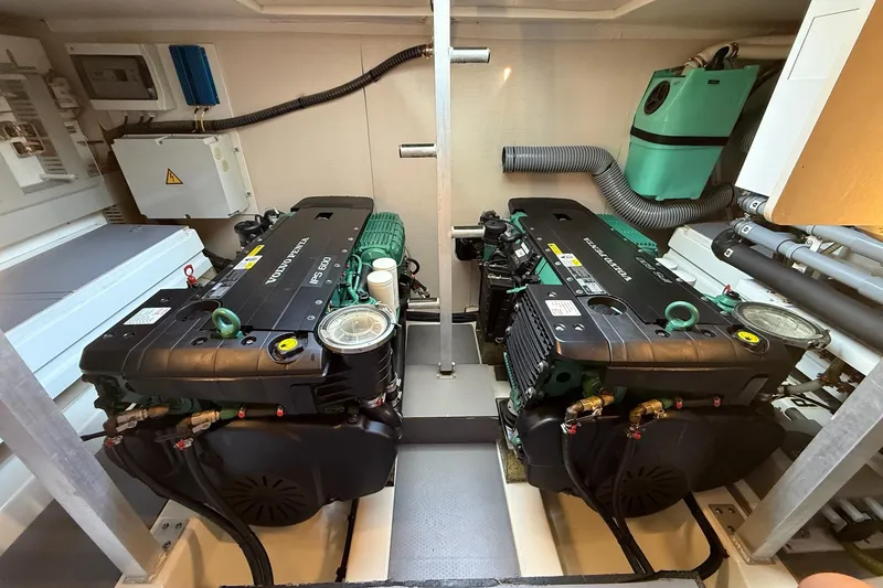 Slide: The Image of Engine room of a 2017 Prestige 500S yacht with dual Volvo Penta engines. - 63