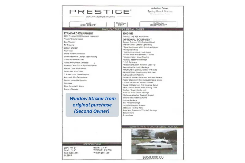 Slide: The Image of 2017 Prestige 500S luxury motor yacht window sticker with specifications and optional equipment list. - 64