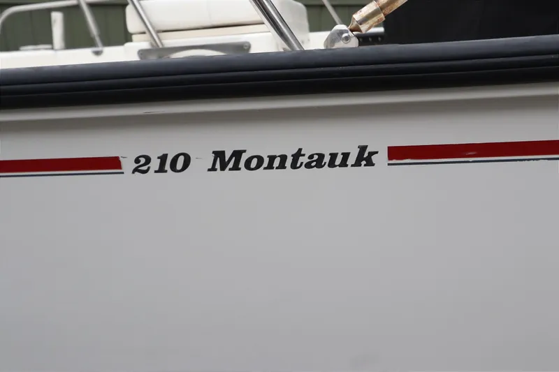 Slide: The Image of 2013 Boston Whaler 210 Montauk boat side view with model name and stripe. - 4