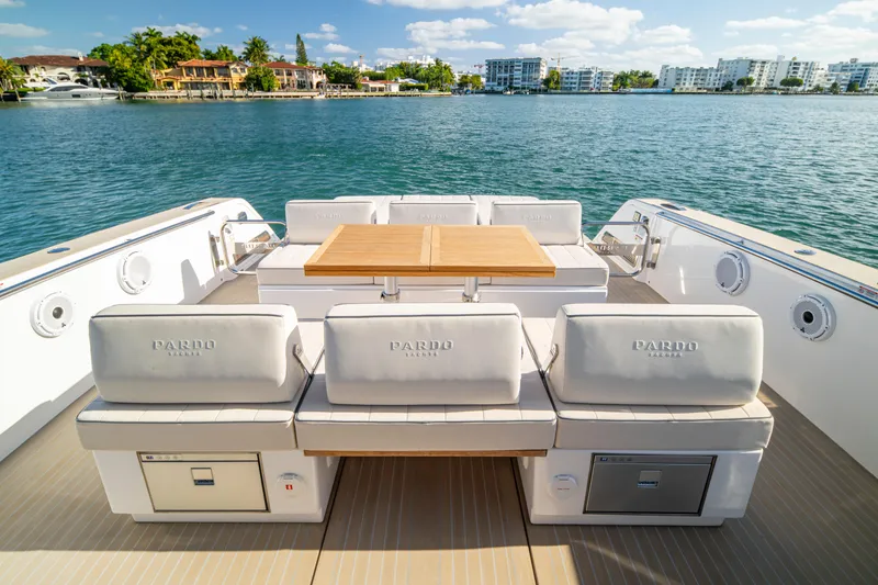 Slide: The Image of 2024 Pardo Yachts P43 hardtop detail against clear blue sky. - 40