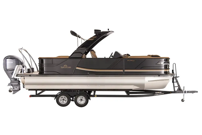 Slide: The Image of Manufacturer Provided Image: 2026 SunCatcher Diamond Elite 324 RC pontoon boat on trailer, featuring sleek design and Yamaha engine. - 12