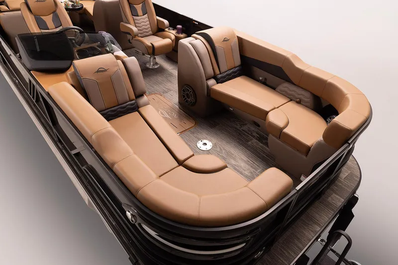 Slide: The Image of Manufacturer Provided Image: Luxurious interior of 2026 SunCatcher Diamond Elite 324 RC pontoon boat with plush seating. - 13