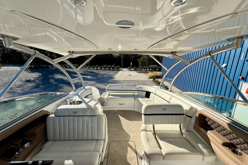 Slide: The Image of Luxurious interior of 2018 Cobalt R35 boat with white seating and sleek design. - 10